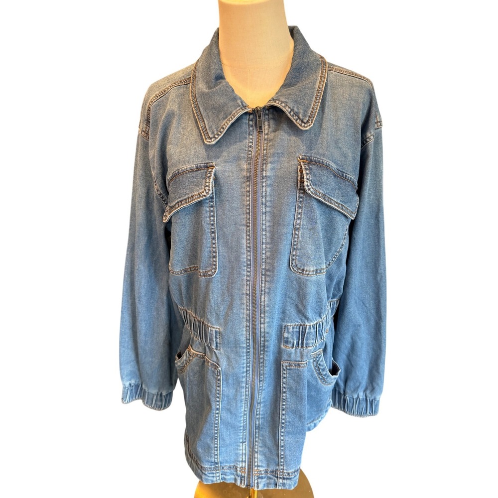 Knox Rose XXL Blue Denim Utility Zip Front Jacket Elastic Waist NWT